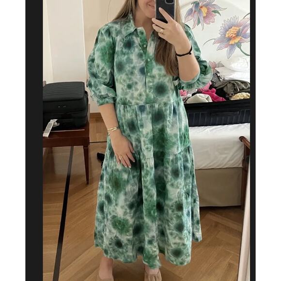 Hunter Bell Green Babydoll Maxi Dress XS Boho Tiered Ruffle Cottage Cotton $400 - Picture 4 of 11